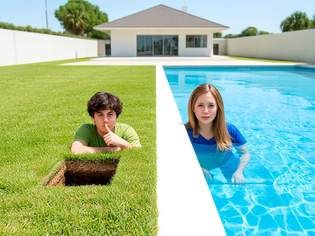 realistic image featuring a modern, distant bungalow with a clean, straight, and front-facing view. On the left side of the image is a grassy lawn, and on the right side is a clear, blue swimming pool. Between the grass and the pool, there is a visible straight white dividing line.

In the grass area, there is a hidden underground compartment with a square-shaped opening. A young man with curly dark hair, wearing a green shirt, is peeking out of the hole. He is holding his finger to his lips, making a 'shh' gesture. Around this opening is a grass-covered cap, designed to seamlessly close the hole so it looks like normal grass when closed. Make sure the cap is visible next to the hole as if it can cover the compartment entirely.

On the right side, inside the pool, there is a similar hidden compartment. A young woman with long light-brown hair, wearing a blue shirt, is also peeking out from a square hole in the water and making the same 'shh' gesture. There is a glass cap on the water's surface next to the hole, which can be used to close the compartment, making it appear like regular water when closed.

The bungalow is far in the background, with large windows, and the whole scene is brightly lit by sunlight. The entire image is viewed from a straight, frontal angle, capturing the clean and symmetric separation between the grass and the pool. The perspective is as if you are directly in front of the scene."