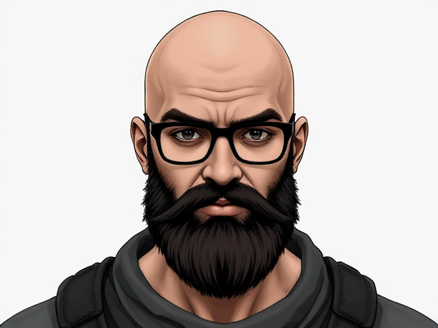A young bald Muslim man with a bushy beard and black-framed eyeglasses, as a character from The Legacy Of Guts (Berserk Concept Art)