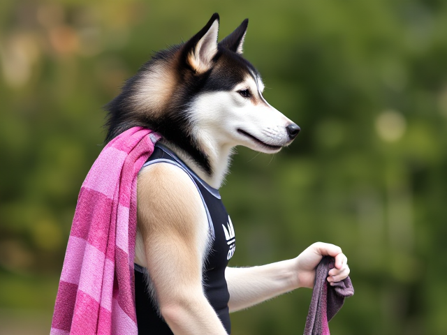 A tall anthropomorphic Siberian husky wearing an adidas swimsuit drying off with a towel