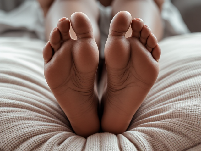 Beautiful feet of a Black woman resting on a soft cushion, detailed texture, natural lighting, cozy atmosphere