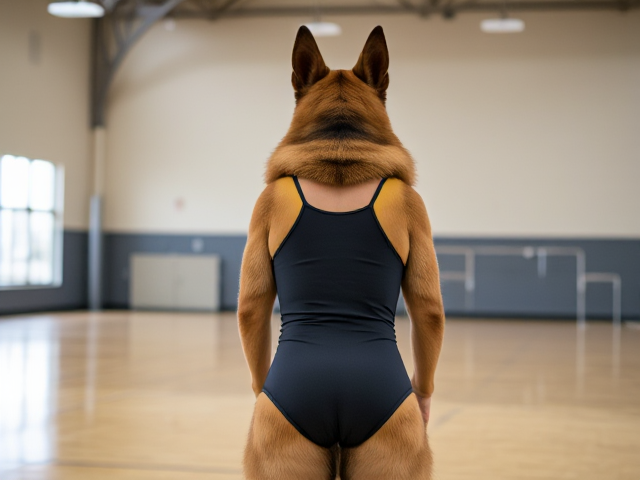 A anthropomorphic German shepherd wearing a gymnastics leotard in a gymnasium