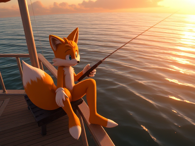 Tails the Two tailed fox, sitting on a deck while fishing with his legs hanging off the edge with a pet Zorua pokemon sitting next to him, video game characters