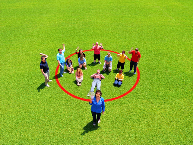 A bright and sunny outdoor scene on a realistic green grassy field. In the center of the field, there is a bold red circle drawn on the grass. Inside the circle, there are 9 people in total. Eight of them are standing or kneeling, spread out evenly. Three people are wearing blue shirts, three are wearing red shirts, and three are wearing yellow shirts. Their expressions should show surprise, with their arms raised or mouths open. One person is lying on the grass inside the circle, also looking surprised. In front of the circle, standing outside, there is a woman wearing a blue shirt and jeans. She is holding a fan of money in her hand, with an excited expression on her face, mouth open and eyes wide. The camera angle should be slightly from above, capturing the entire group inside the circle with the woman in front, while the lighting should be natural and bright, mimicking a sunny day.