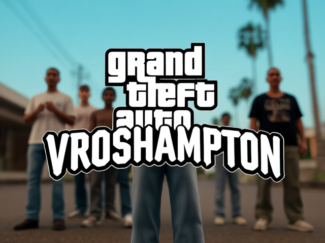 Design a poster inspired by the iconic GTA San Andreas loading screen style, replacing the title with 'VROSHAMPTON' in the exact GTA San Andreas font. The poster should reflect the same bold, comic-style visuals and include five characters similar to those seen in GTA San Andreas. Keep the characters subtle and slightly blurred in the background, while the focus remains on the text 'VROSHAMPTON.' Add soft film grain and cinematic lighting for realism, resembling the quality of a Panavision Panaflex camera from 80s movies. The backdrop should evoke a Los Santos (Los Angeles) urban street vibe, ensuring the design captures the essence of a GTA San Andreas poster.