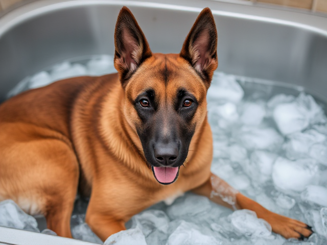 Belgian malinois sitting in a ice bath