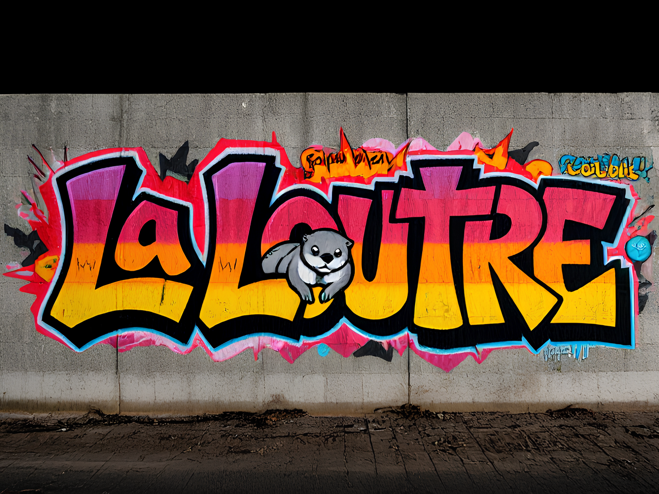 Grand tag avec les ecriture « La Loutre » en style graffiti couleur  sur un mur avec des couleurs et un dessin de style graffiti d’une loutre. utiliser des element des decors pour le tag comme par exemple des dessisn de feu, d’eau, de glace , oubde foudre