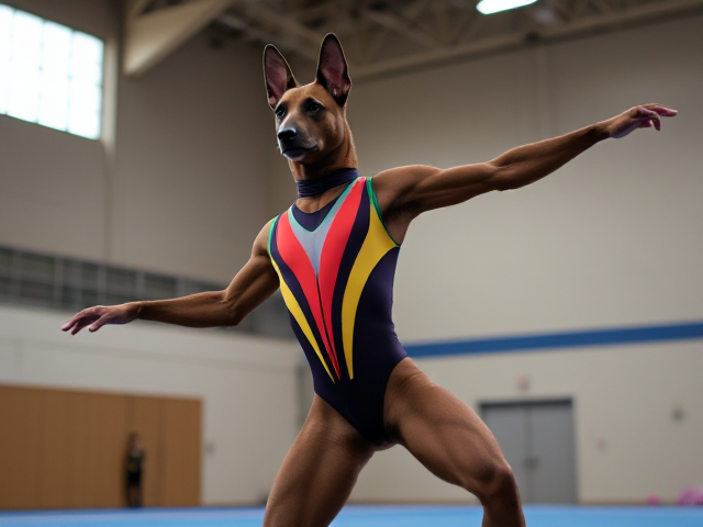 Anthropomorphic Belgian Malinois wearing a colorful gymnastics leotard, performing in a well-lit gymnasium, dynamic pose, detailed fur and fabric textures
