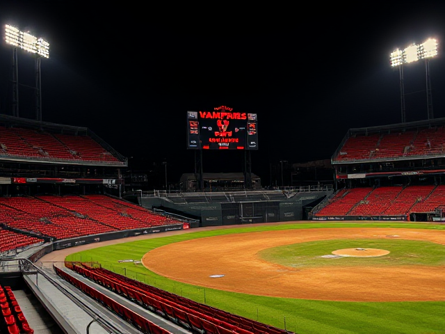 A  minor league baseball stadium with red seats and nice grass and warning track with a billboard saying vampires stadium with a scoreboard