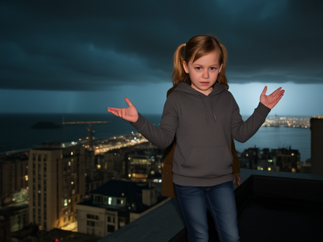 A petite 13-year-old girl with strawberry blonde hair in a ponytail, wearing a hooded pullover and jeans, is stepping onto the roof ledge of a night club.  behind her, is a modern-day, pale skinned vampire in his late twenties, with blonde hair, dressed in a brown trench coat and jeans. He appears uneasy as he looks at her. The girl gestures angrily at him, flailing her arms. A thunderstorm approaches the cityscape from the sea shore. Set at night.