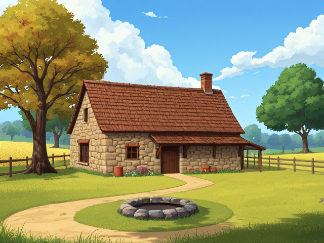 Une jolie ferme en pierre avec une grange, un puit, dans la campagne, isolée, au milieu des prairies et des forêts