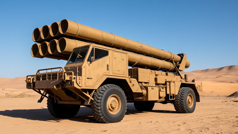 Iranian military missile launcher, highly detailed, rugged military vehicle, desert background with sandy dunes and rough terrain, clear blue sky, realistic and natural lighting, visible wear and tear on the vehicle, intricate surface textures, shadow play from the sunlight