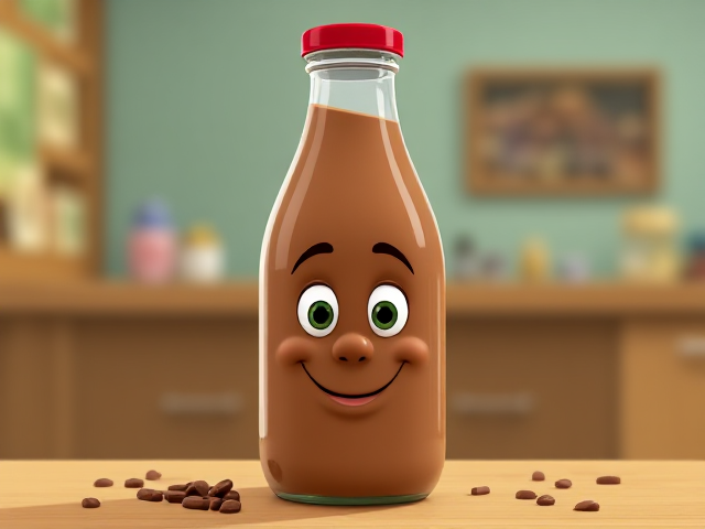 Chocolate Milk in bottle with a face disney pixar cartoon.