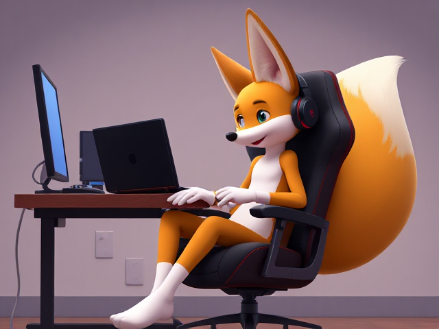 Tails the Two tailed anthropomorphic fox, sitting in a gaming chair, at a desk with a gaming laptop, wearing gaming headphones, white gloves and white socks