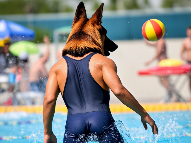 Anthropomorphic German shepherd with intricate, lifelike fur detail, wearing a sleek modern water polo swimsuit. The figure exhibits a strong, athletic physique in an energetic action pose amidst a vividly colorful scene with sharp focus throughout