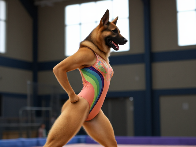 Anthropomorphic German shepherd with strong hips, wearing a colorful gymnastics leotard, performing in a gymnasium setting, dynamic pose
