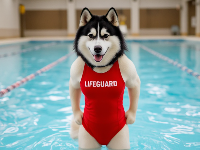 A anthropomorphic alaskan malamute wearing a red lifeguard one piece swimsuit. Indoor pool setting