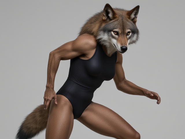 Anthropomorphic wolf with muscular hips wearing a sleek, form-fitting leotard, intricate and highly detailed fur, vivid and expressive eyes, captured in a dynamic and energetic pose