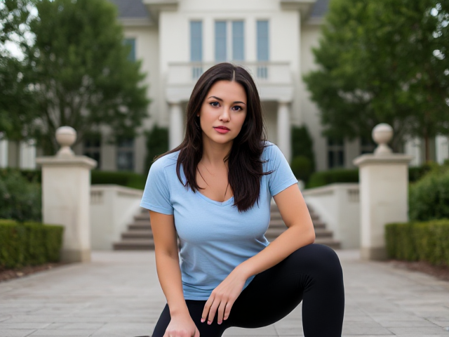 Brunette with dark hair wearing a light blue t shirt and black yoga pants on her knees outside a mansion in front of a male