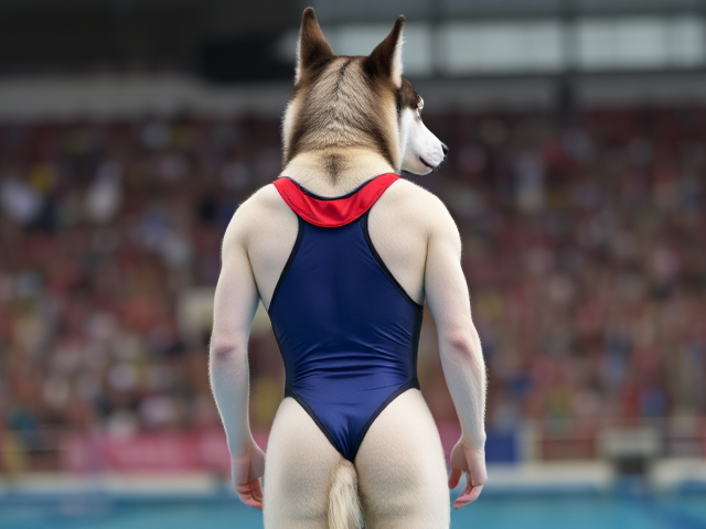 A tall anthropomorphic Siberian husky Olympic swimmer wearing a sportback swimsuit