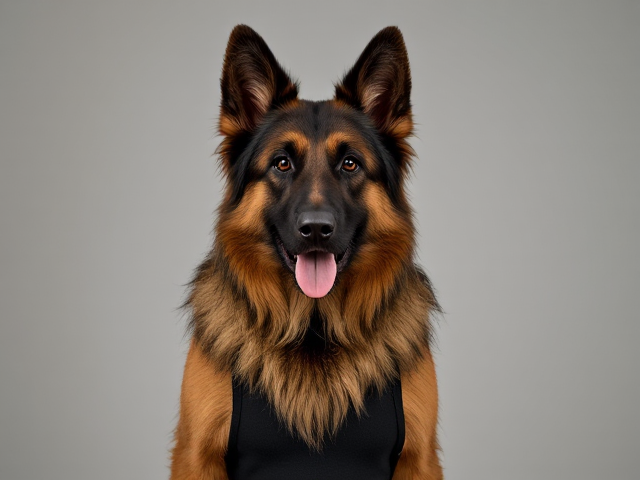A anthropomorphic long haired German shepherd wearing a leotard