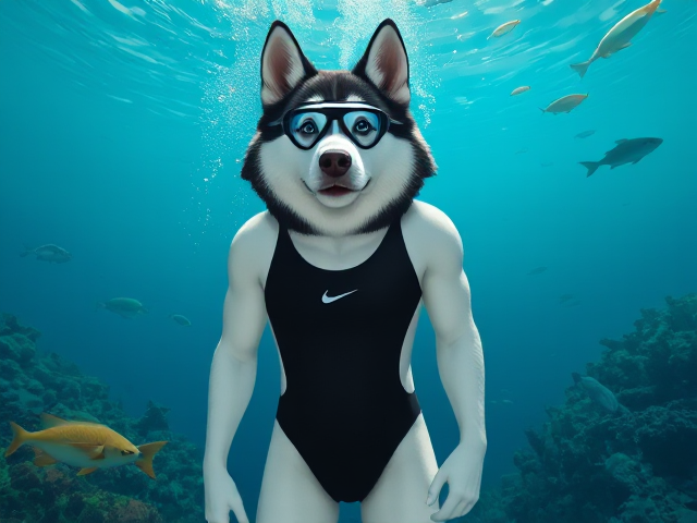 A tall anthropomorphic Siberian husky with a long torso and broad shoulders wearing a high cut Nike one piece swimsuit and Freediving goggles underwater, surrounded by sea life