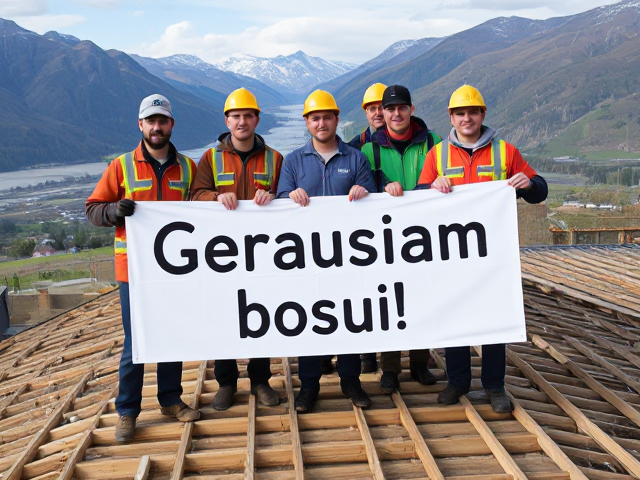 image in which group of workers are holdings big sign in which is writen this text: Geriausiam bosui! Few worker in back are holding smaller sign with blue text: Wilbergs.  do not change sign text. Workers are standing in construction on house roof,. scenery is norway mountains. do not change sign text.