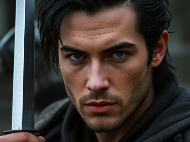 Generate an image/portrait of a medieval hunter.  He is a human, 25 years old, has black, bit greasy slicked back hair and grey eyes,