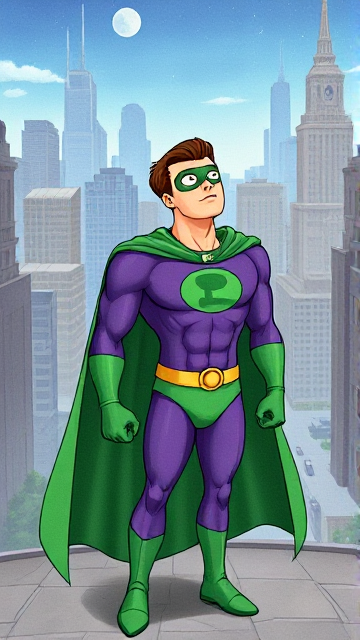 Modern Cartoon scene: A young, Autistic 25-year old boy with light skin and flat, smooth, and slick brown hair named T.J. Granger, but transformed into a genetically-altered superhero named Powerman, who, despite still being a young adult kid, has an extremely muscular body. He wears a sleek purple suit with a green P symbol on his chest, a gold belt with a circular buckle, green briefs, green boots, green long-cuffed gloves, a really big, toe-length long, ultra-wide green cape wreathed around his neck, and a green eye mask that protects his true identity. He also has incredible and invincible superpowers flowing through his veins. In this scene, Powerman is currently standing in the alien city on his masters' home planet of Zantal, where he looks up to the cosmic skies with a look of justice, sensing that something is wrong, and he knows he must investigate.
