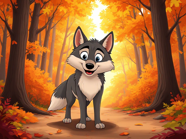 cartoon-style wolf standing in a vibrant autumn forest with colorful falling leaves, sunlight filtering through the trees, and a playful expression on the wolf's face