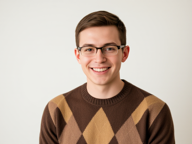 Clean cut, short haired nerdy thirty-something wearing a brown and tan argyle sweater and smiling at the viewer