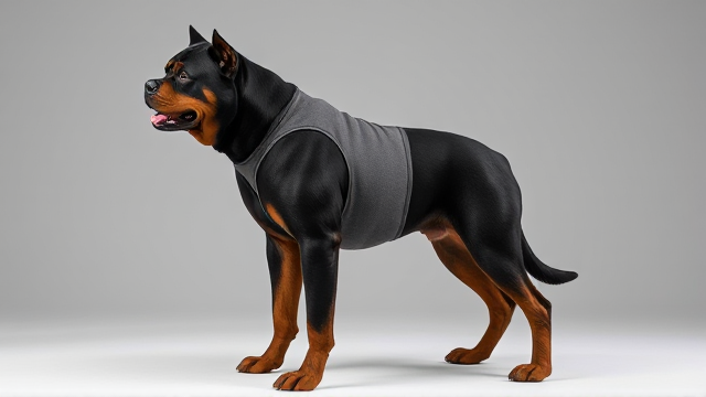 Muscular anthropomorphic Rottweiler wearing a detailed gymnastics leotard, standing confidently in a dynamic pose, realistic fur texture, well-defined muscles, vibrant colors