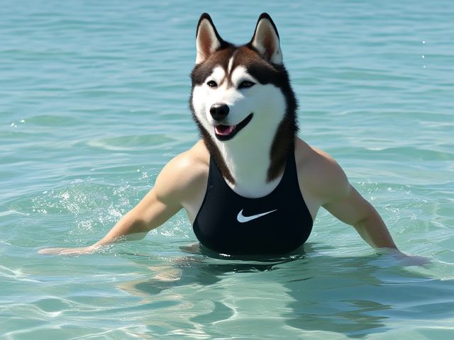 A tall anthropomorphic Siberian husky with a long torso and broad shoulders, wearing a high cut Nike one piece swimsuit while swimming in the ocean