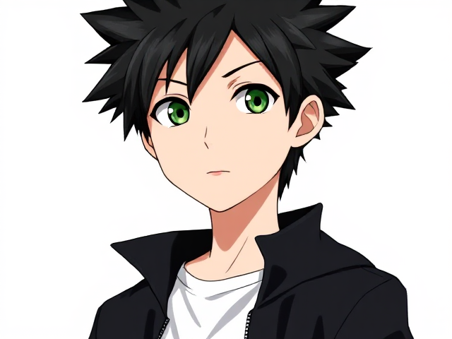 My hero academia inspired styled OC. Black spikey hair. Around 14. Wears a white T-shirt with a black jacket. 3/4 view. Green or grey eyes. Full head in view