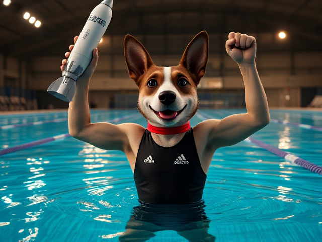An anthropomorphic dog wearing an Adidas swim suit in an Olympic pool triumphantly holding up a New Shepard rocket.