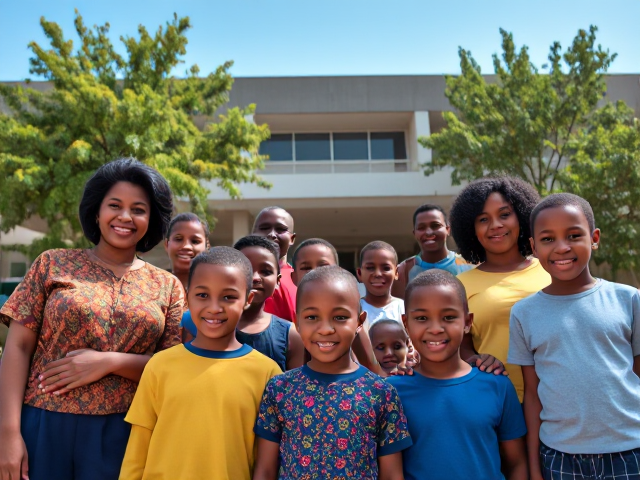 Parents d'élèves africains avec leurs enfants souriants et heureux, debout devant l'école en période de rentrée des classes, vêtements colorés et variés, atmosphère joyeuse et ensoleillée, école moderne et propre avec une architecture attrayante, arbres verdoyants autour de l'école, ciel bleu sans nuages