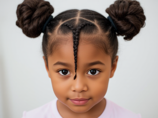 une petite fille de 3ans, métisse, avec les cheveux coiffés en deux chignons et trois nattes tombant sur son front