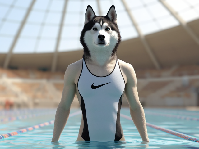 A tall anthropomorphic Siberian husky with a long torso and broad shoulders, wearing a high cut Nike one piece swimsuit, in a Olympic swimming pool