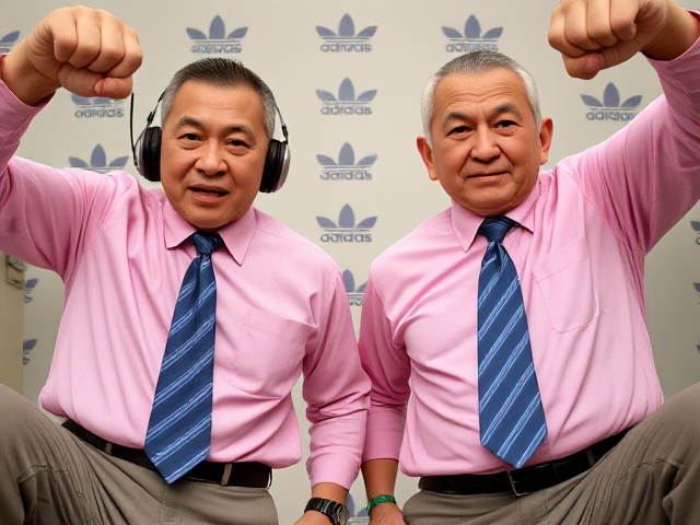Close-up view of two fierce Japanese old senior businessmen standing confidently. They have short haircuts and are stomping with one leg raised, arms raised in a dominant pose. They're wearing pink collared long-sleeve shirts with large blue striped ties, headphones on their ears, and smartwatches on their wrists. The background features Adidas logos as wallpaper. The perspective is from a low angle, emphasizing their conquering stance. Their faces display angry determination with frowned eyebrows, pursed lips, and clenched fists