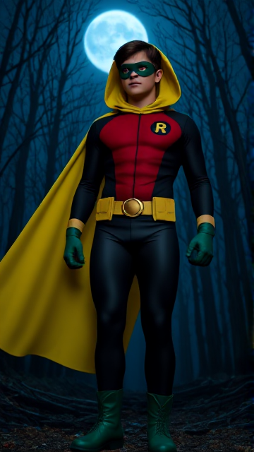 Dramatic and Chilling Movie scene: A young, Autistic 25-year old boy with light skin and brown hair named T.J. Granger, but dressed as a new version of Robin, The Boy Wonder, with an extremely muscular body, wearing a sleek black long-sleeved bodysuit with a red torso with a black circle with a yellow R symbol on his left pectoral, a golden utility belt with a circular buckle with yellow pouches attached to it that hold all of his unique gadgets, green boots, green long-cuffed gloves, a really big, toe-length long, ultra-wide yellow hooded cape wreathed around his neck that drapes around his body, and a green eye mask that protects his true identity, now known as Robin, The Phantom Of The Night. He is currently finding himself standing in the withered forest of a dark and mysterious dimension under an eternal night, looking around at his new haunted surroundings as he tries to figure out how he got there.