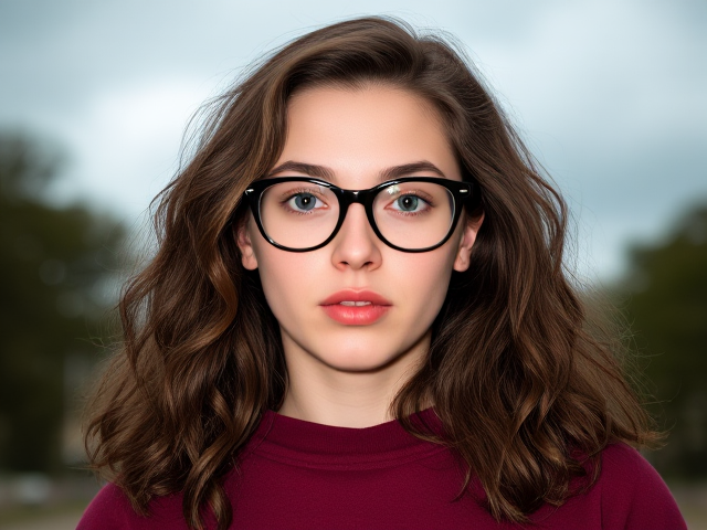 Pale petite teen girl, teal eyes, long curly brown hair, freckles over her nose, pouty lips. Wears glasses and a burgundy sweatshirt