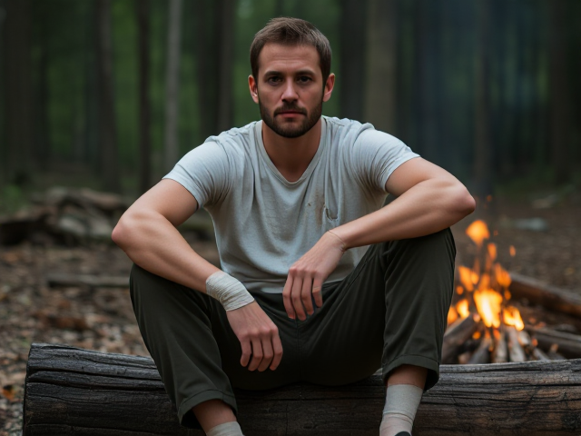 "Generate a complete man sitting in a forest setting in front of a campfire. He should be sitting on a log with his legs turned upward slightly turned and his arms resting on his knees. His posture should be slightly slouched, like someone who's been through a long, rough day. The man should have short, slightly messy hair and a scruffy beard. He should wear a torn, dirty white t-shirt with some small rips and stains, and olive green cargo pants. His hands should be lightly wrapped with bandages, showing a little wear and tear. The expression on his face should reflect a sense of tiredness, like someone surviving in the wild. He should be lit by the glow of the campfire, adding warmth and realism to the scene."