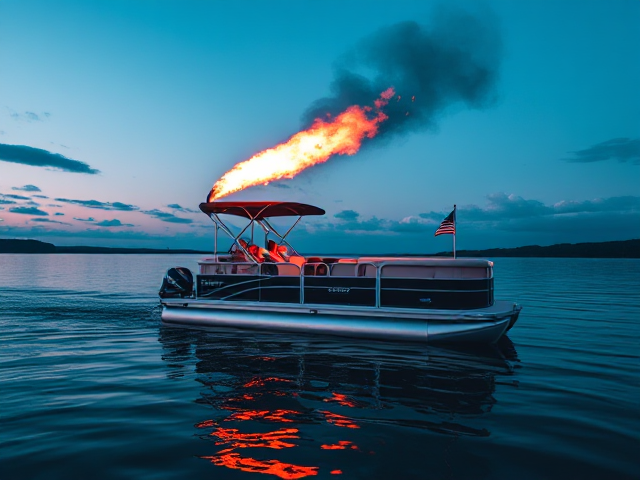 i need cover art for my playlist i made for my pontoon boat party. i don't want anything realistic. i want it to be cool and colorful art of a pontoon on a lake. maybe an american flag on fire in the background. titled "pon3n"