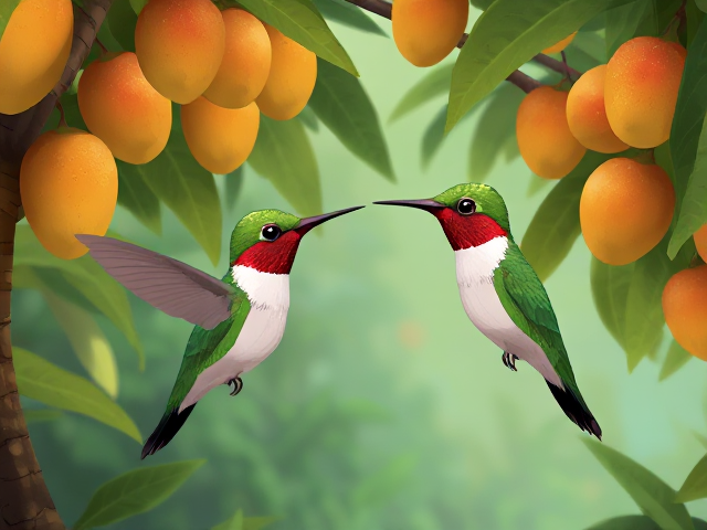 2d illustration style, children's book. Scene with 1 Allen hummingbirds both talking to each other in a mango trees in a  tropical forest. They are facing each other and animated but emotionally sad talking to each other. They are surrounded by the beauty of the colorful tropical environment with ripe mango’s hanging down from the trees
