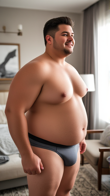 A very fat, young, handsome man with a charming smile, wearing a stylish jockstrap standing confidently in his well-decorated bedroom adorned with modern furniture and tasteful artwork, light streaming through the large window