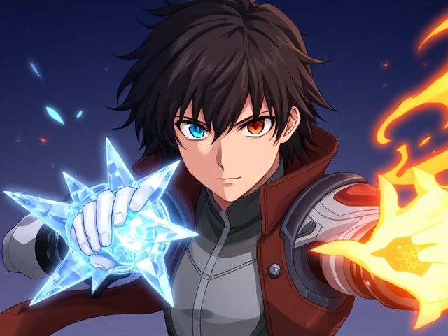 Young adult male with medium to long black hair with futuristic style clothing with special powers with his left arm shooting ice and his right arm shooting fire, his left eye is blue and his right eye is red, anime
