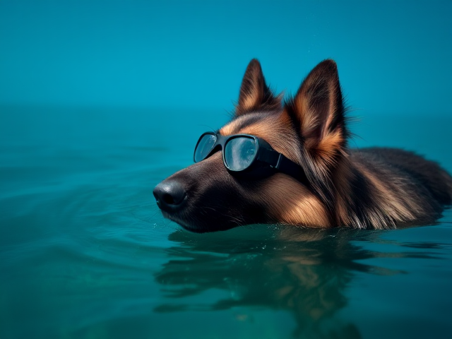 A long haired German shepherd wearing Freediving goggles rises from the ocean’s surface to take a breath