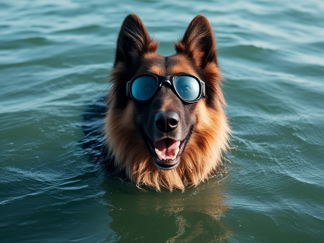 A long haired German shepherd wearing Freediving goggles rises from the ocean’s surface to take a breath after a long freedive