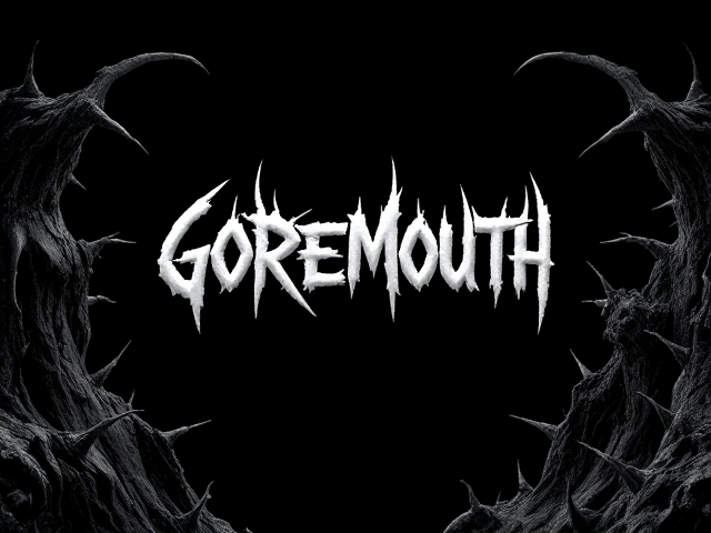 'GOREMOUTH' white deathcore spiky typography blacl background