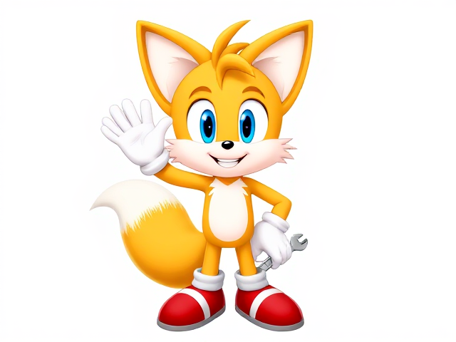 Miles Tails Prower, the young and very cute two-tailed anthropomorphic fox from the video game series Sonic the Hedgehog, standing cutely in front of a blank white background. He has one hand raised in the air waving and his other hand holding a wrench down by his hip. Tails has a charming smile on his face that reveals one of his adorable little fox fangs. His blue pupils and red shoes are prominent. The background is simple to emphasize Tails's details. His fur is well-groomed, and his two tails are slightly curled as if swaying happily. He is wearing red Velcro shoes. Soft light shines on him to enhance his features