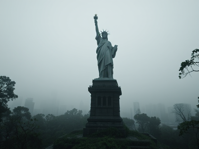 Haz la estatua de la libertad con la ciudad de fondo